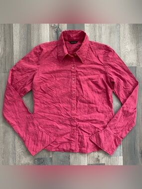 Y2K Pink Embroidered Button Up Long Sleeve Blouse Bell Sleeve Preppy